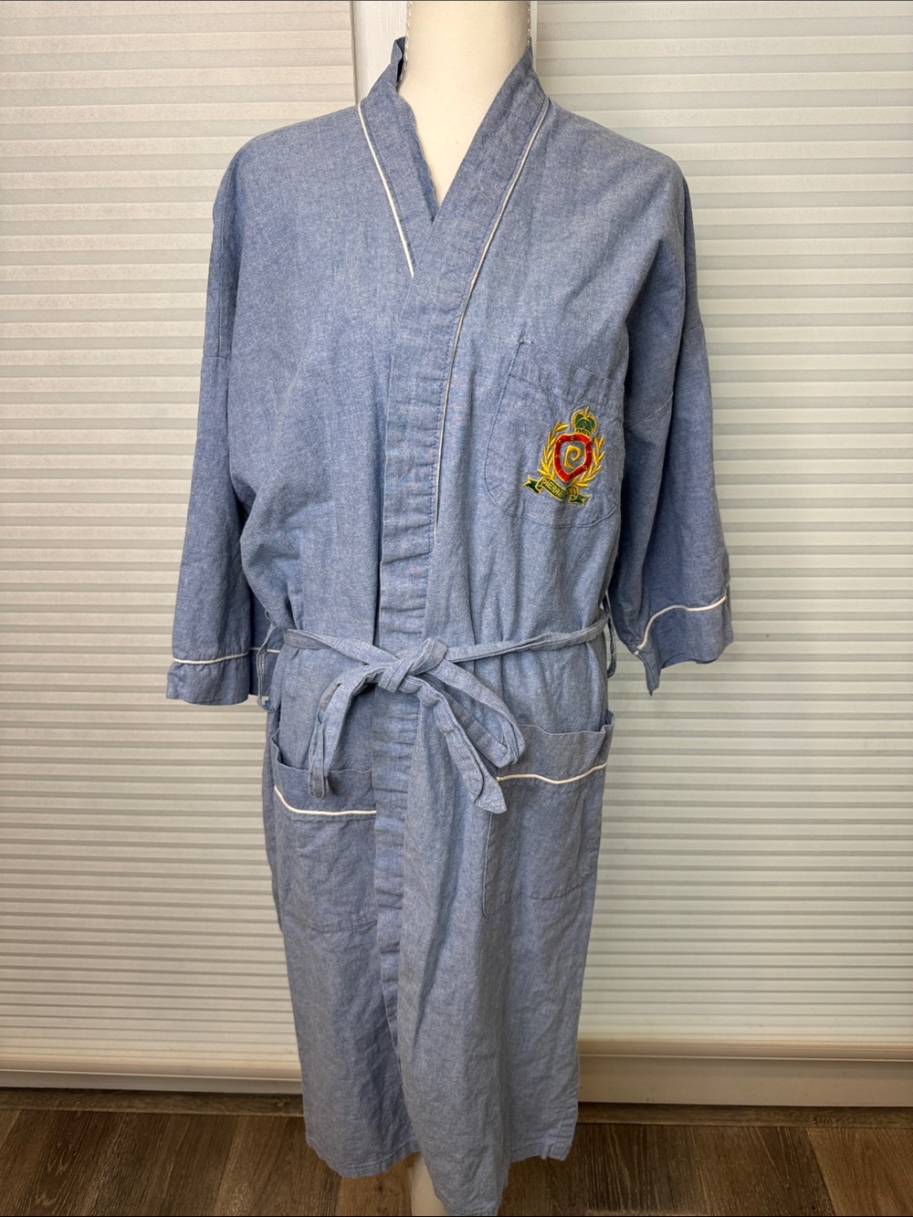 Vintage Pierre Cardin Light Blue Cotton Robe w/Embroidered Crest & Piping 1374